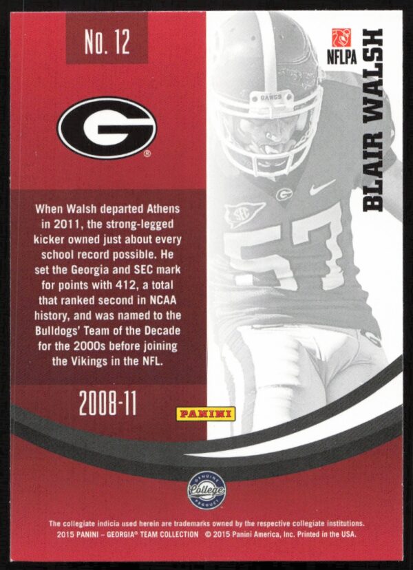 2015 Panini Georgia Bulldogs Blair Walsh #12 (Back)