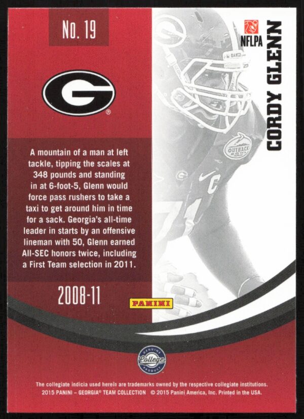 2015 Panini Georgia Bulldogs Cordy Glenn #19 (Back)