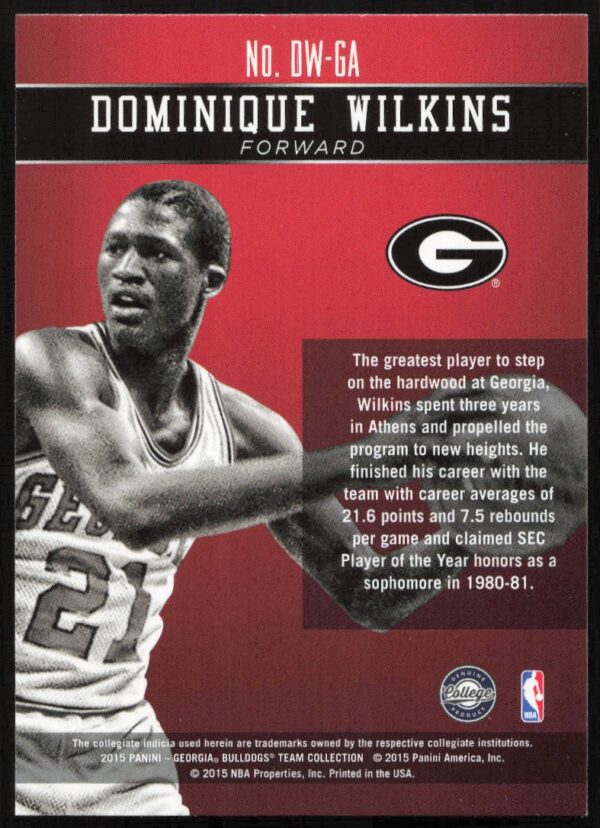 2015 Panini Georgia Bulldogs Dominique Wilkins Honors #DW-GA (Back)