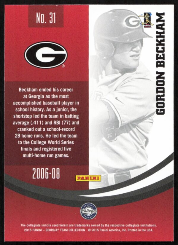 2015 Panini Georgia Bulldogs Gordon Beckham #31 (Back)