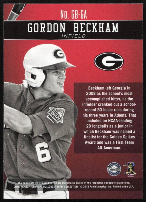 2015 Panini Georgia Bulldogs Gordon Beckham Honors #GB-GA (Back)