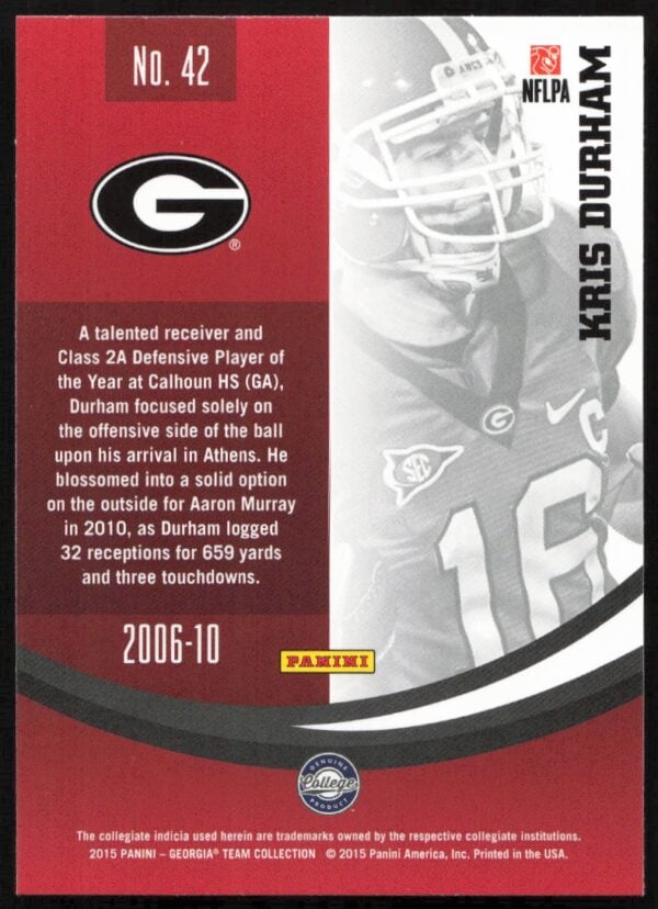 2015 Panini Georgia Bulldogs Kris Durham #42 (Back)