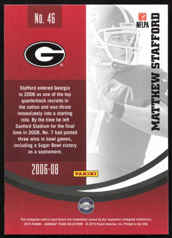 2015 Panini Georgia Bulldogs Matthew Stafford #46 (Back)