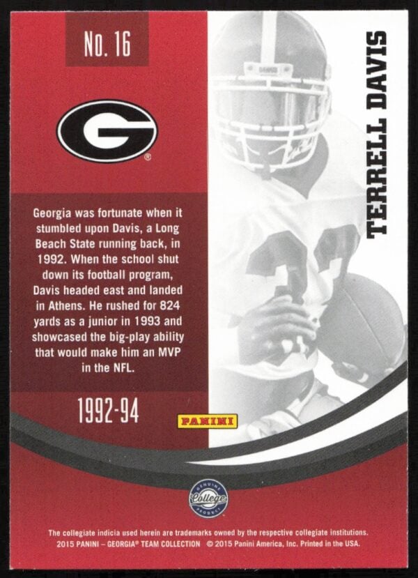 2015 Panini Georgia Bulldogs Terrell Davis #16 (Back)