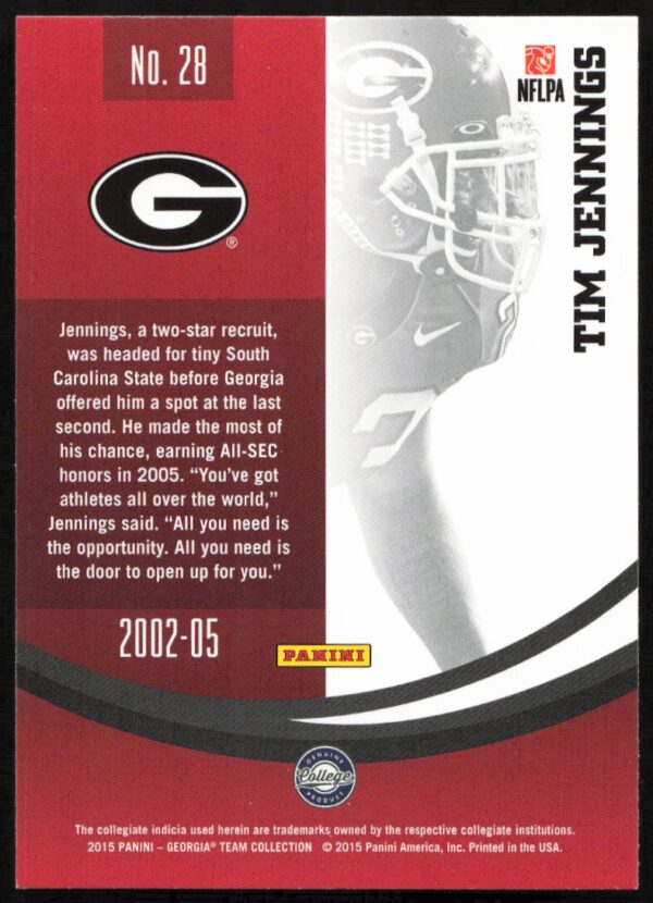 2015 Panini Georgia Bulldogs Tim Jennings #28 (Back)