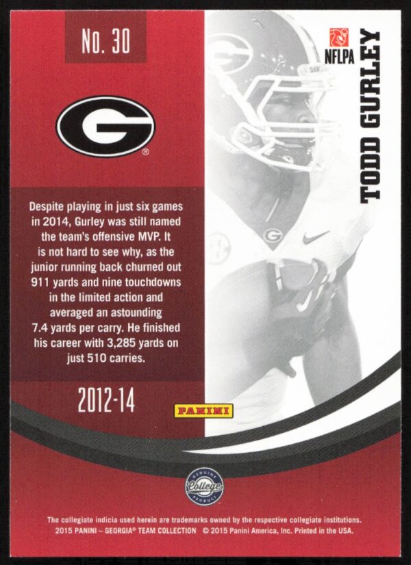 2015 Panini Georgia Bulldogs Todd Gurley #30 (Back)