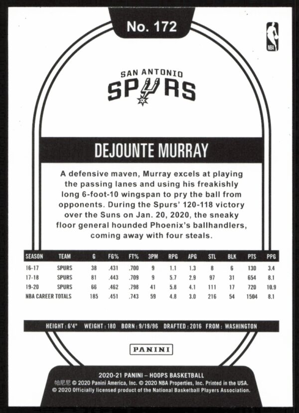 2020-21 Panini Dejounte Murray #172 (Back)