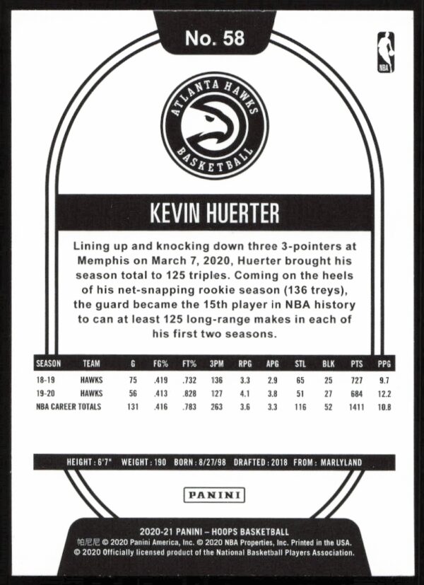 2020-21 Panini Kevin Huerter #58 (Back)