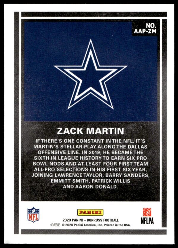 2020 Panini Donruss Zack Martin Action All-Pros #AAP-ZM (Back)