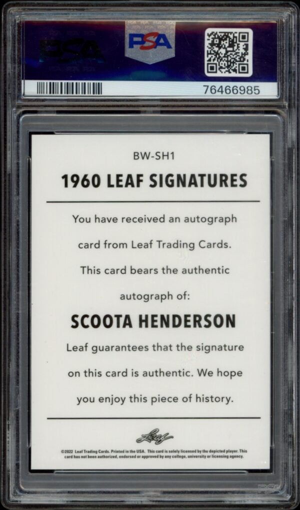 PSA-graded Scoota Henderson autograph card from 1960 Leaf Signatures series.