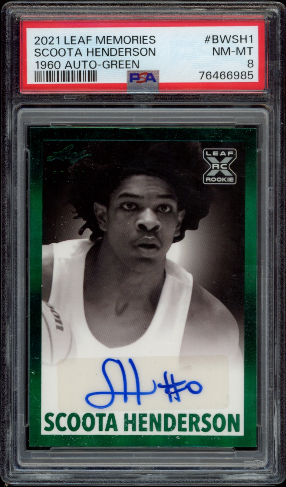 Scoota Hendersons autographed 2021 Leaf Memories card, graded NM-MT 8 by Professional Sports Authenticator.