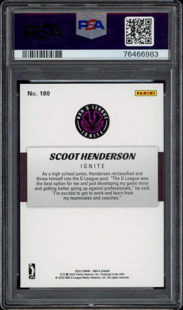 Back view of Scoot Hendersons 2021-22 Panini NBA G League Card #180, rated PSA 8.