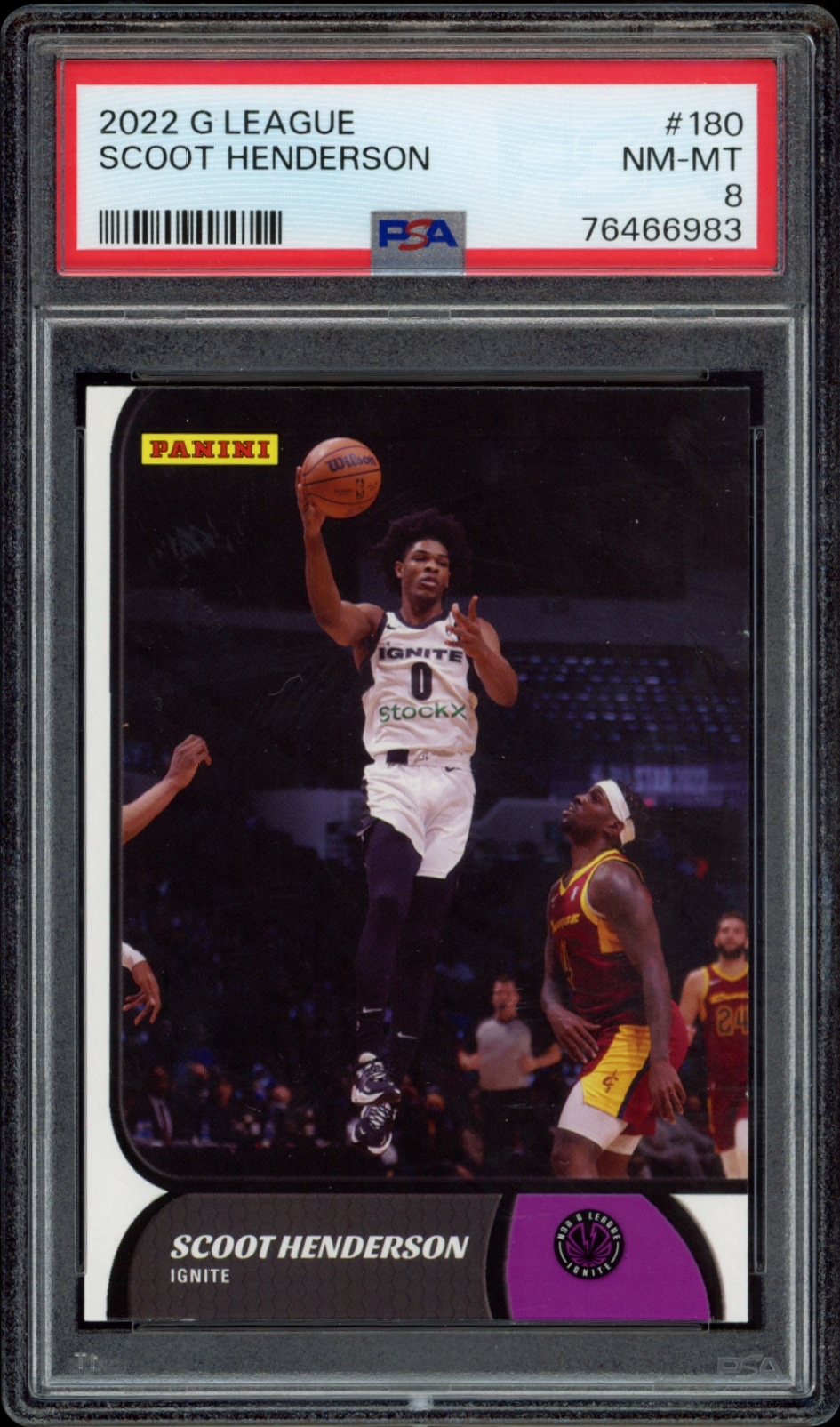 Scoot Henderson in action on 2021-22 Panini NBA G League card #180, graded NM-MT 8 by PSA.