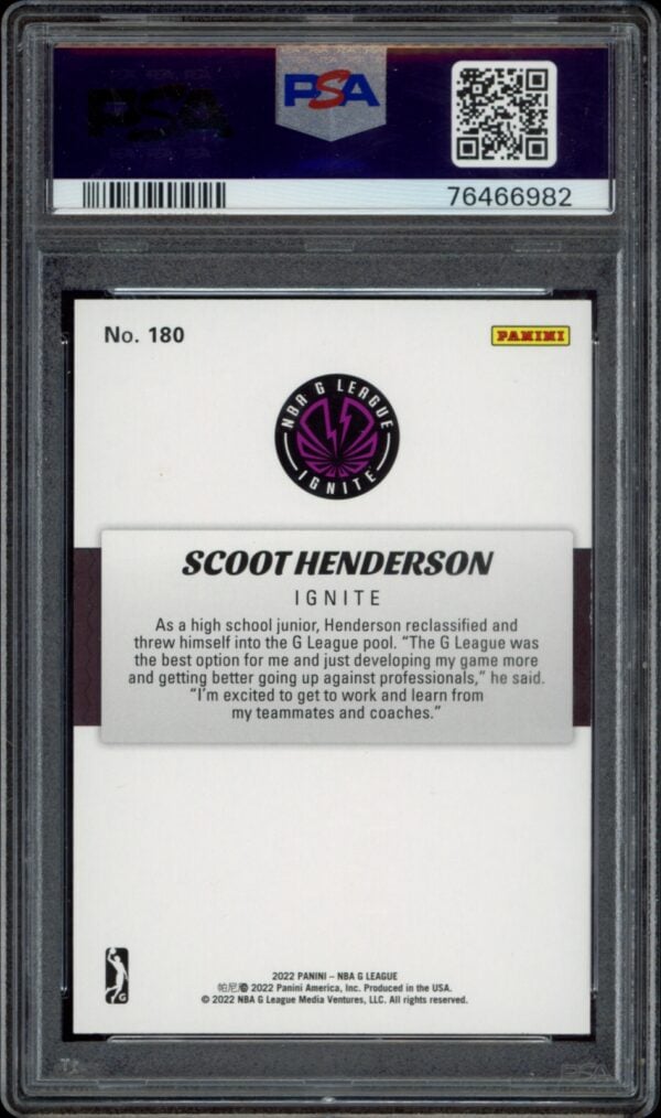 PSA-graded Scoot Henderson G NITE Series card, top NBA draft pick prediction.