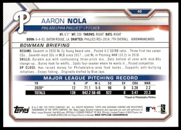 2021 Bowman Aaron Nola #40 (Back)