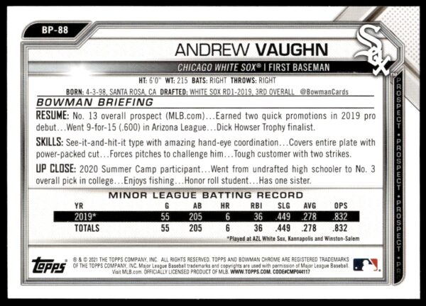 2021 Bowman Andrew Vaughn Prospects #BP-88 (Back)