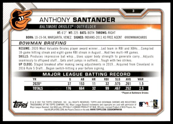 2021 Bowman Anthony Santander #3 (Back)