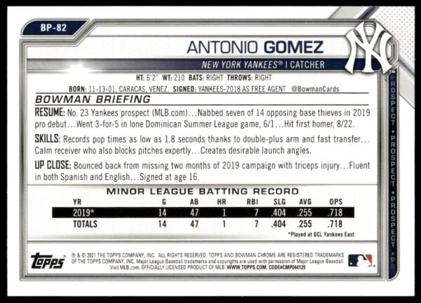 2021 Bowman Antonio Gomez Prospects #BP-82 (Back)