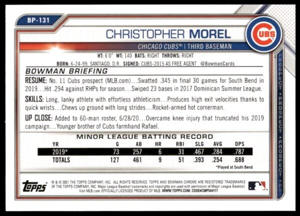 2021 Bowman Christopher Morel Prospects #BP-131 (Back)