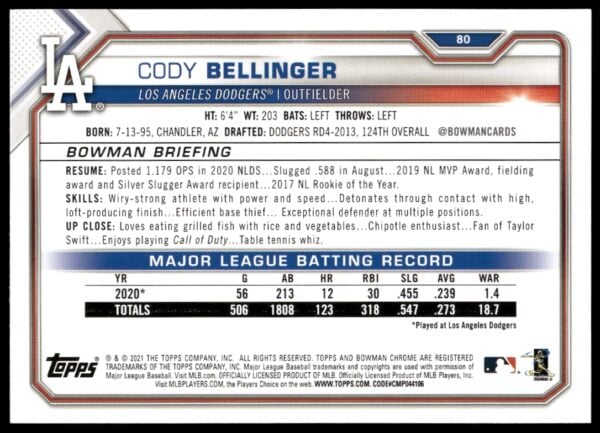 2021 Bowman Cody Bellinger #80 (Back)