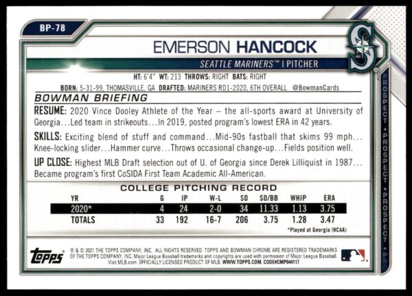 2021 Bowman Emerson Hancock Prospects #BP-78 (Back)