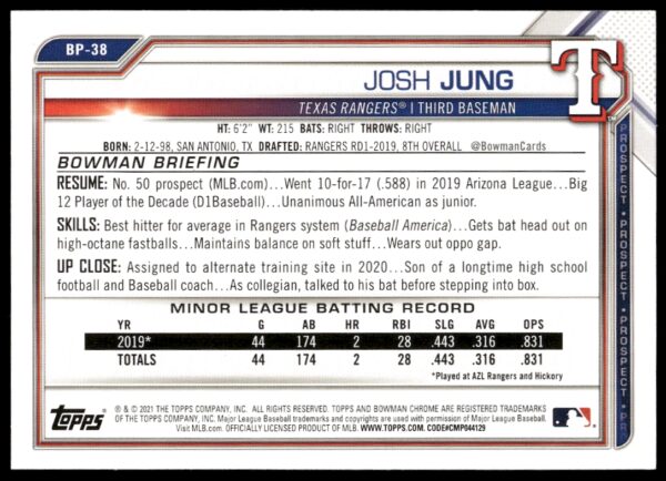 2021 Bowman Josh Jung Prospects #BP-38 (Back)