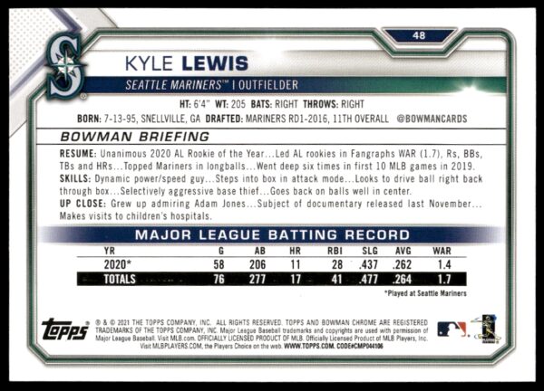 2021 Bowman Kyle Lewis #48 (Back)