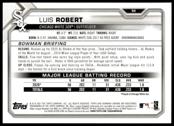 2021 Bowman Luis Robert #94 (Back)