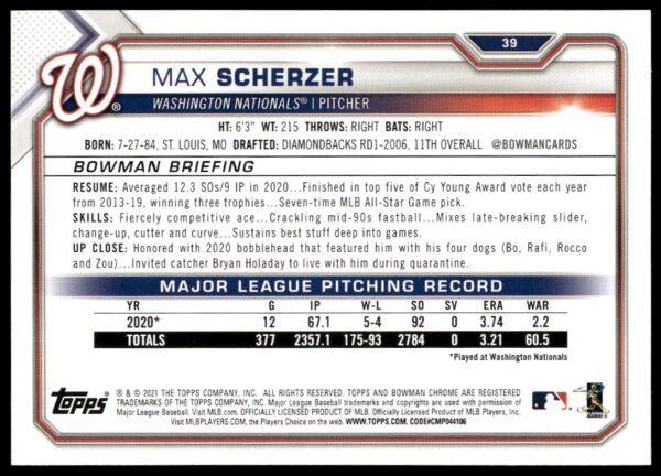 2021 Bowman Max Scherzer #39 (Back)