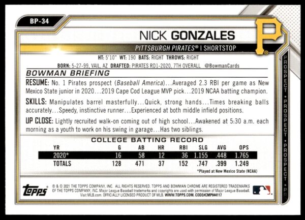 2021 Bowman Nick Gonzales Prospects #BP-34 (Back)