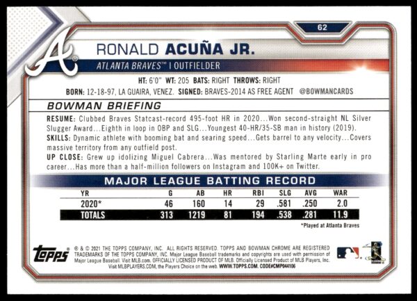 2021 Bowman Ronald Acuña Jr. #62 (Back)