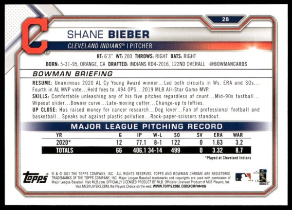 2021 Bowman Shane Bieber #28 (Back)