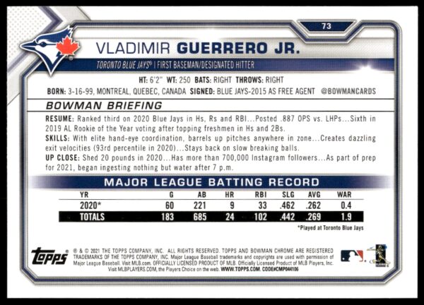 2021 Bowman Vladimir Guerrero Jr. #73 (Back)