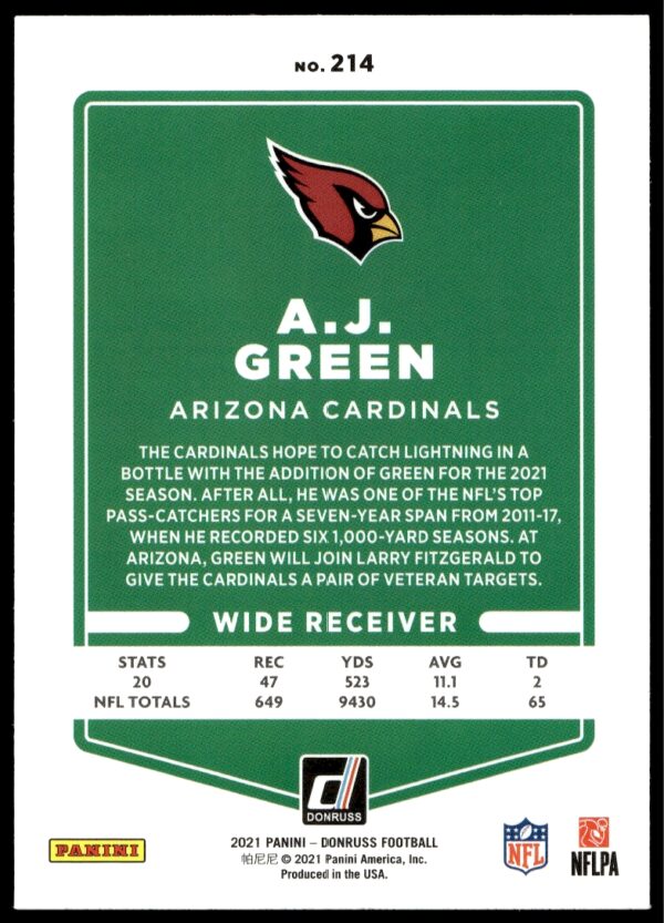 2021 Donruss A.J. Green #214 (Back)