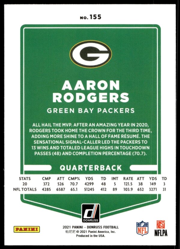 2021 Donruss Aaron Rodgers (No Helmet) #155 (Back)