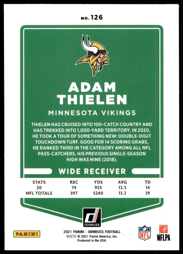 2021 Donruss Adam Thielen #126 (Back)