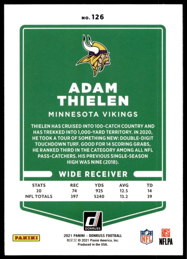 2021 Donruss Adam Thielen (No Helmet) #126 (Back)