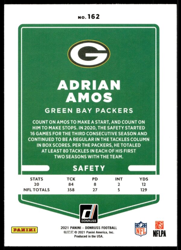 2021 Donruss Adrian Amos #162 (Back)