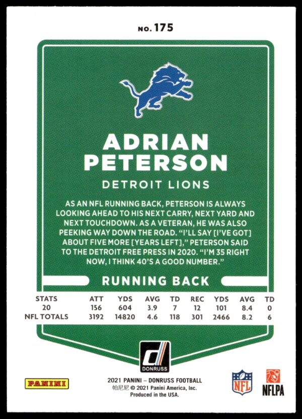 2021 Donruss Adrian Peterson #175 (Back)