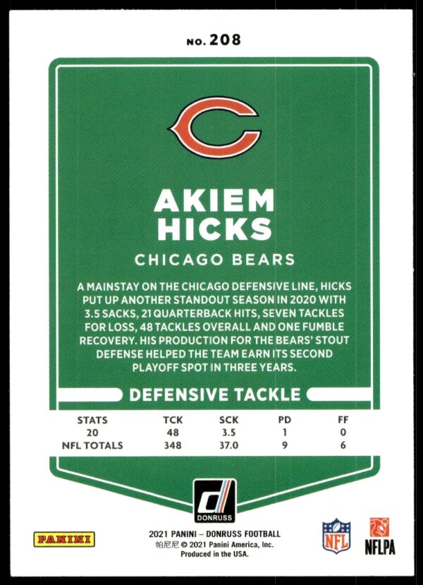 2021 Donruss Akiem Hicks #208 (Back)