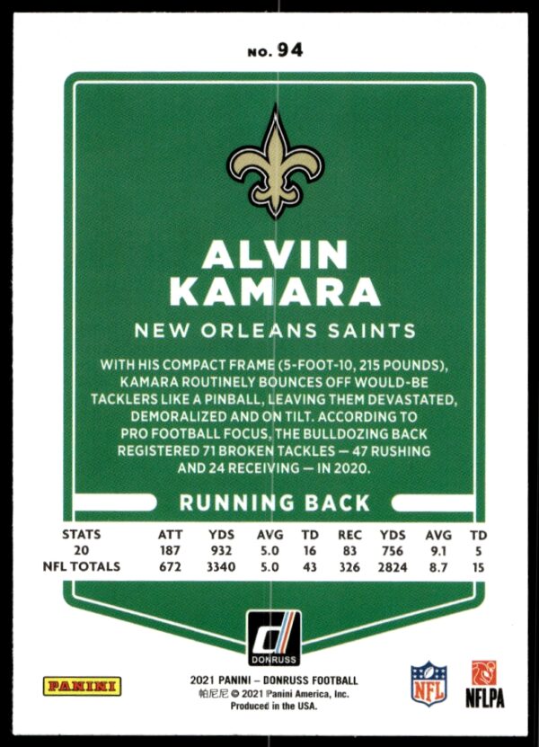 2021 Donruss Alvin Kamara #94 (Back)