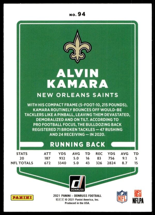 2021 Donruss Alvin Kamara (No Helmet) #94 (Back)