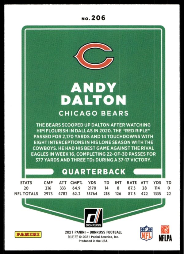 2021 Donruss Andy Dalton #206 (Back)