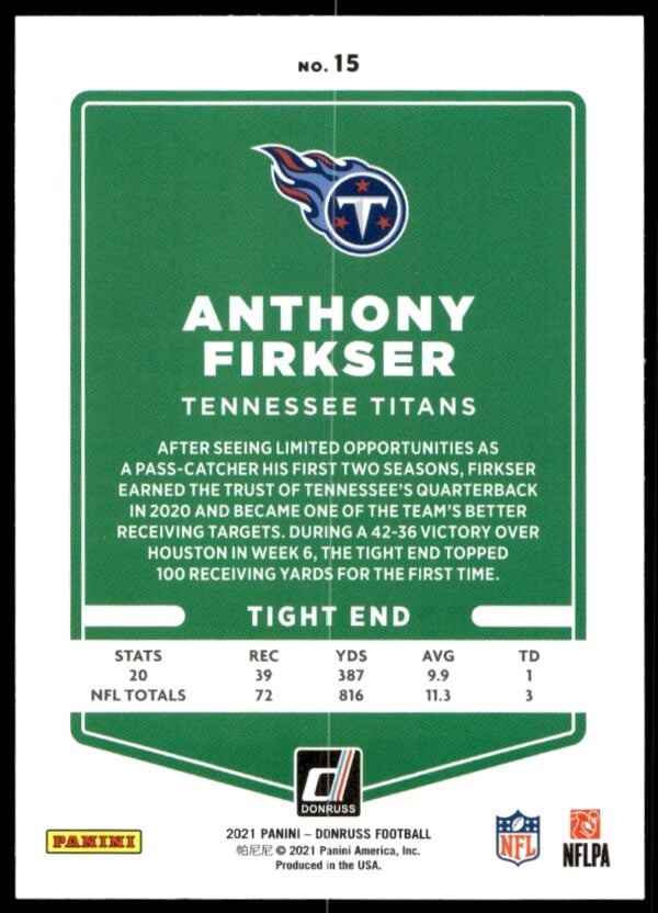 2021 Donruss Anthony Firkser #15 (Back)