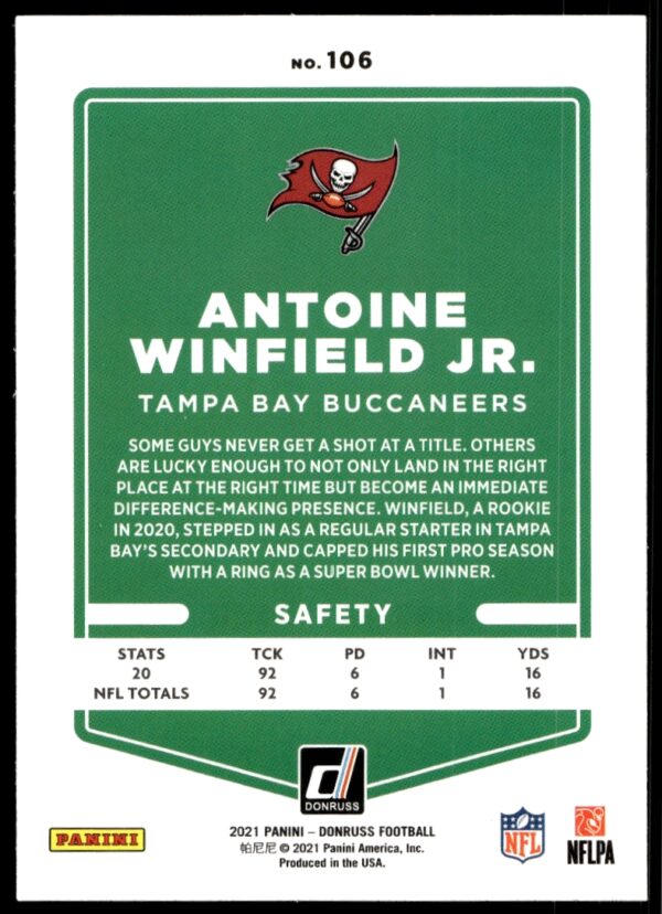 2021 Donruss Antoine Winfield Jr. #106 (Back)