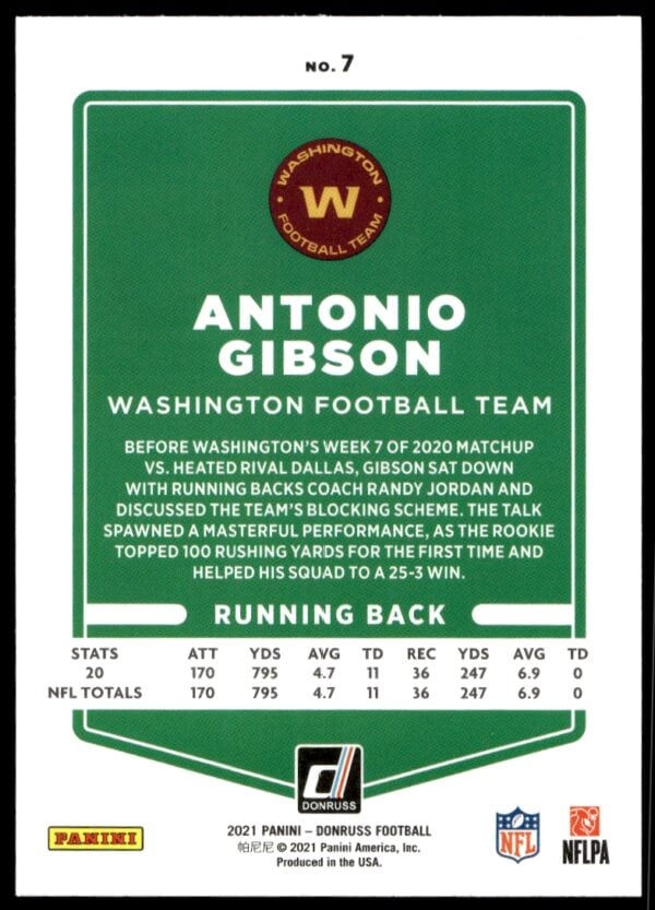 2021 Donruss Antonio Gibson #7 (Back)