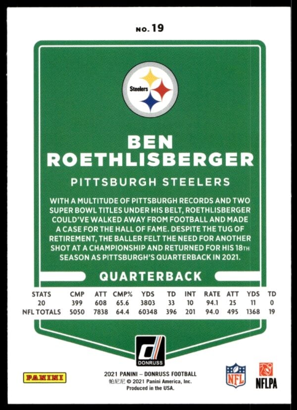 2021 Donruss Ben Roethlisberger #19 (Back)