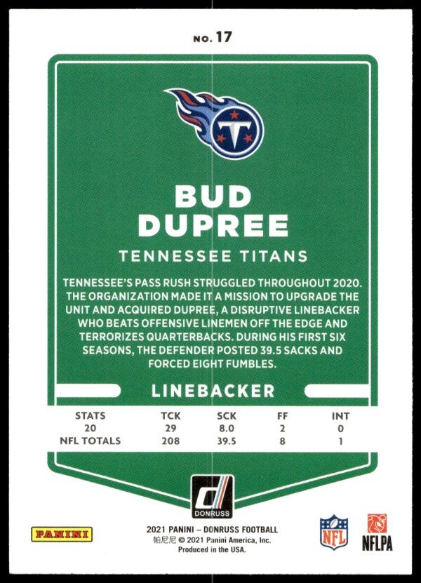 2021 Donruss Bud Dupree #17 (Back)