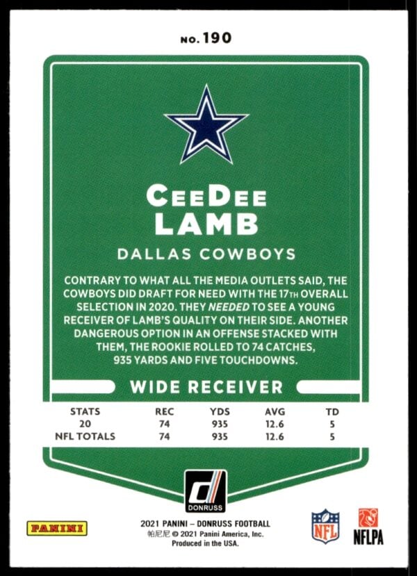 2021 Donruss CeeDee Lamb #190 (Back)