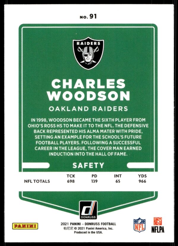 2021 Donruss Charles Woodson #91 (Back)